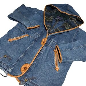 VTG OutBrook Denim Jacket Womens 20W Blue Southwestern Jacquard Hooded 80-90s